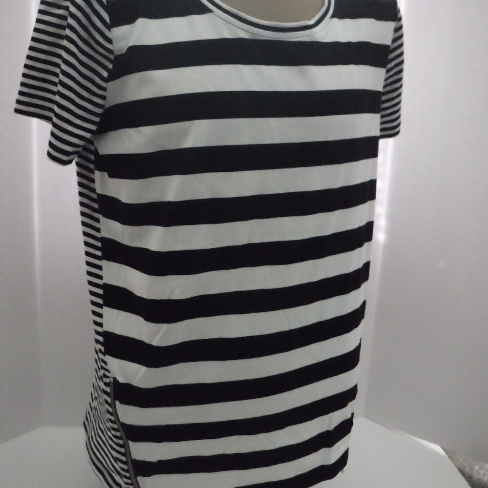 Michael Kors Black and White Striped Crew Neck Shirt